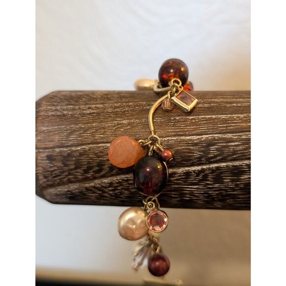 Gold Tone Colored Pearl Crystal Glass Amber Bead Scalloped Bar Toggle Bracelet - Picture 3 of 8